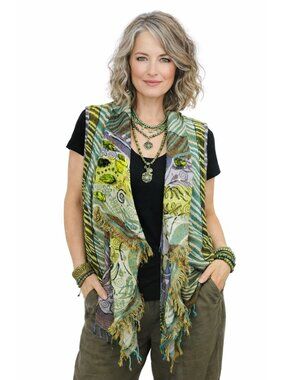 Anu Womens XL 100% Wool Lightweight Mix Print Boho Artsy Vest Beads Fringe Hem